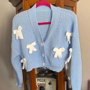 ROMWE Light Blue Knit Cardigan with White Bow Details